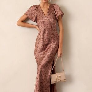 Red Dress Champagne Moments Dusty Rose Floral Satin Maxi Dress Size MM / Dusty R